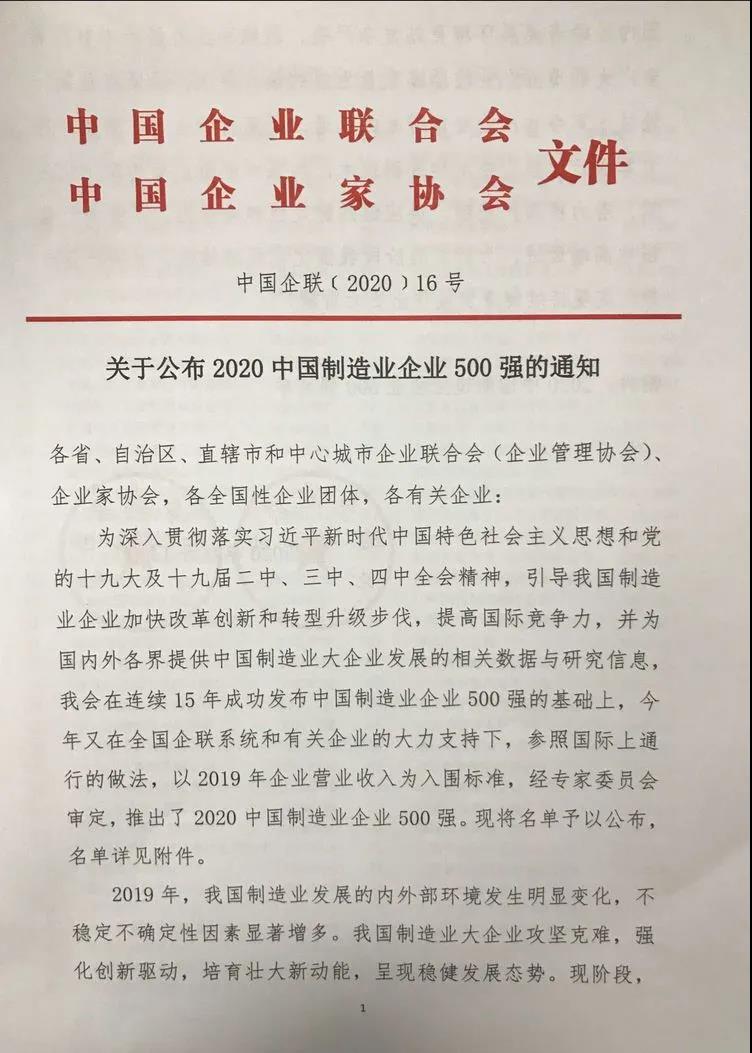 8868体育官网铝业上榜“2020中国制造业企业500强”